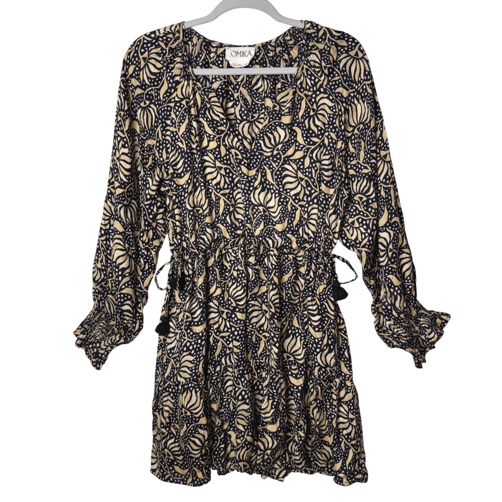 Omika Mini Dress S Black Tan Print Boho Tassel Drawstring Tier Balloon Riviera